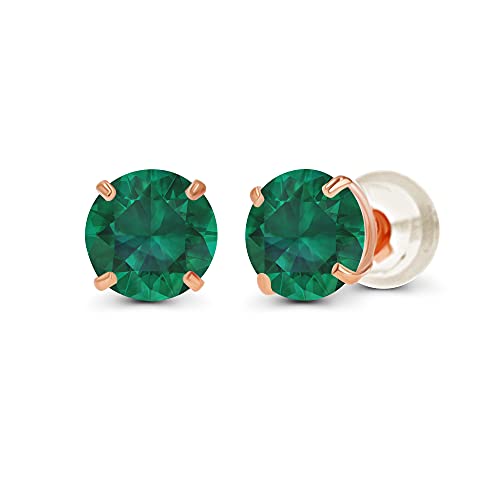 Solid 14K Yellow or White or Rose Gold 6mm Round Genuine Birthstone Gemstone Prong Set Stud Earrings For Women - color: Emerald Created