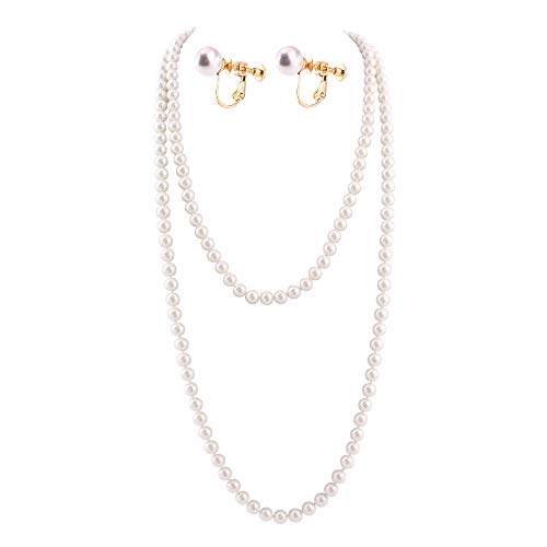 Handmade Faux Pearl Necklace and Clip on Earrings Jewelry Sets for Women Bib Choker Collar Necklace - color: 140cm White-Necklace+Screw Clip Earrings