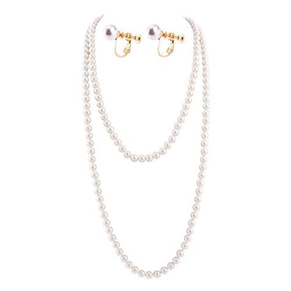 Handmade Faux Pearl Necklace and Clip on Earrings Jewelry Sets for Women Bib Choker Collar Necklace - color: 140cm White-Necklace+Screw Clip Earrings