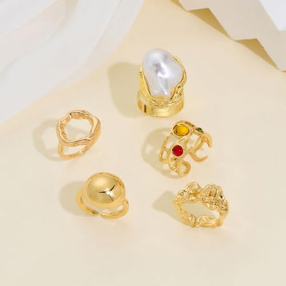 GIGB PBDK Gold Chunky Hammered Dome Resin Rings,Open Adjustable Baroque Pearl Stackable Knuckle Finger Rings Set Party Jewelry Trendy Accessories Gift for Women