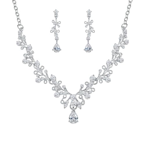 Silver Jewelry Sets for Women Rhinestone Necklace Dangle Earrings Bracelet Set Bridal Wedding Jewelry Sets for Brides Bridemaid Prom Costume Accessories Jewelry - style: Silver Jewelry Set style3
