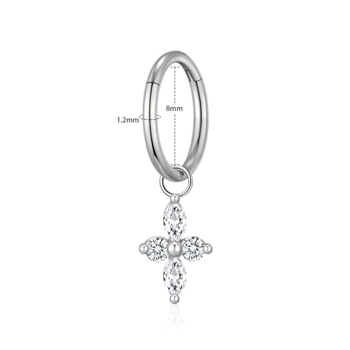 Ourania 16G Gold Stainless Steel Zircon Dangle Huggie Hoop Rook Piercing Helix Hoop Earring Tragus Hoop Cartilage Piercing for Women - color: Flower Silver 2PCS, size: 1.2*8mm 2pcs
