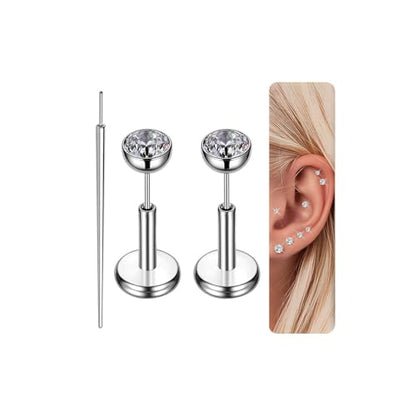 Gotumo 16G 18G 20G Flat Back Earrings Stud Titanium Threadless Nose Rings Tragus Labret Cartilage Lip Medusa Conch Body Piercing Jewelry Hypoallergenic for Women Men - color: Silver, size: 16G Bar Lengths 5mm & CZ 3mm
