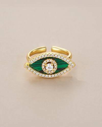 SNGIA 18K Gold Plated Adjustable Open Ring for Women Natural Stone CZ Statement Ring Tiger Eye Emerald Ruby Lapis Black Onyx Turquoise Evil Eye Boho Stackable Cocktail Ring Birthday Gift Jewelry - style: Malachite, Evil Eye