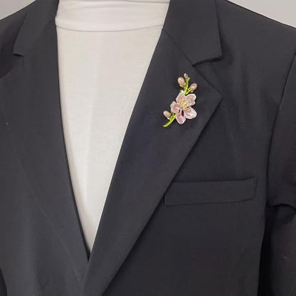 Elegant Peach Blossom Cz Brooch for Women Men Delicate Crystal Flower Faux Pearl Enamel Lapel Pins Dress Coats Scarves Accessories Wedding Party Prom Fashion Jewelry
