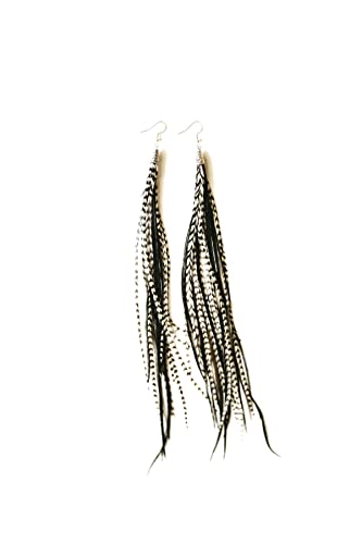 Bohemian handmade long lightweight feather dangle earrings for women - color: Black & Grizzly