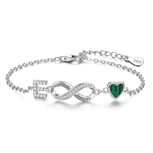 925 Sterling Silver Adjustable Letter Bracelets Infinity Heart Emerald Charm Link Bracelet ，Personalized Charm Alphabet Jewelry Valentines Christmas Mother’s Day Birthday Gifts - color: E