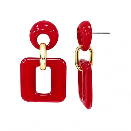 Retro Boho Hollow Square Earrings Lightweight Fashion Jewelry Casual Daily Wear Geometric Drop Earrings Party Acrylic Square Dangle Accessories - color: Red