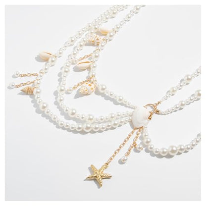 Sexy Multi-layered Starfish Pearl Pendant Waist Chain,White Pearl Tassel Hip Belly Body Chain,Festival Rave Beaded Waist Belt,Summer Shell Conch Body Jewelry for Women