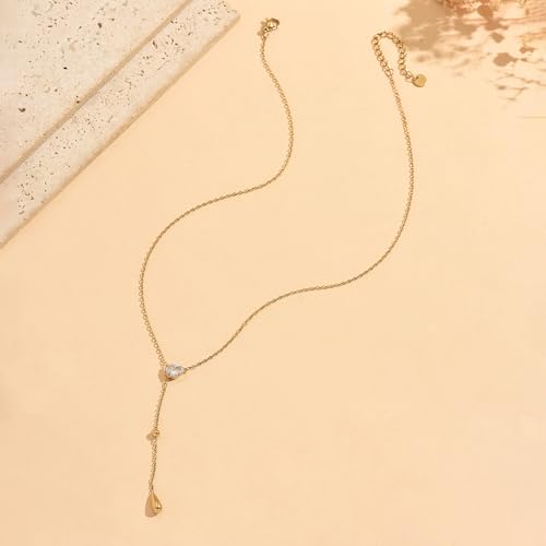 Dainty 18K Gold Plated Lariat Necklace for Women Delicate Y Chain Rose Pearl Diamond Long Drop Necklace Layering Bridal Jewelry Gift - color: CZ Waterdrop-Gold