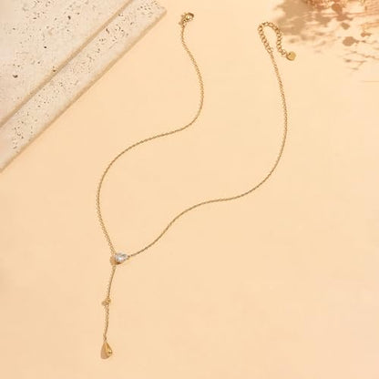 Dainty 18K Gold Plated Lariat Necklace for Women Delicate Y Chain Rose Pearl Diamond Long Drop Necklace Layering Bridal Jewelry Gift - color: CZ Waterdrop-Gold