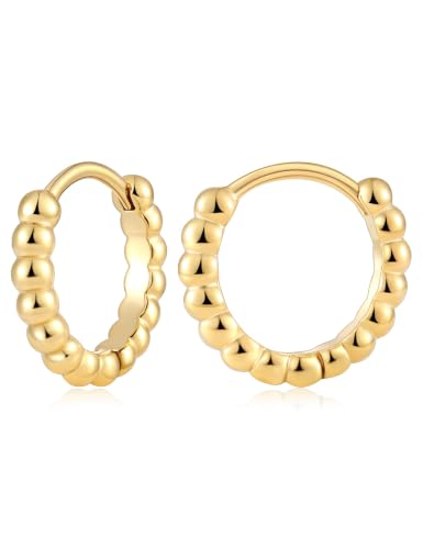 Fiusem 14K Gold Plated Huggie Hoop Earrings for Women | 8/10/12 Hypoallergenic Small Twisted beaded Huggie Earrings - color: Gold Bead, size: 12MM