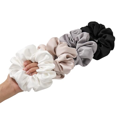 4 PCS Large Silk Satin Scrunchies for Women White Thick Hair Big Scrunchie | Black White Silver Champagne / Stretched 10" Length / No Damage / Gift Box /Diameter: 5 inches / All Hairstyles - color: Black White Silver Champagne, size: 1 Count (Pack of 4)