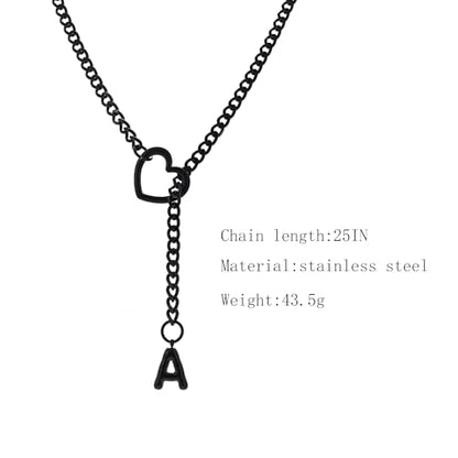 sroyte Black Heart Slip Chain Initial Necklaces for Women,Stainless Steel O-Ring Adjustable Lariat Heart Y-Necklace,Punk Gothic Cuban Collar Choker Necklace for women - color: Black A