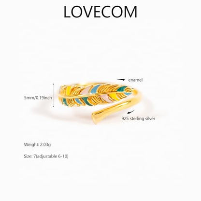 LOVECOM 14k Gold Plated Colorful Enamel Feather Rings for Women 925 Sterling Silver Adjustable Animal Feather Western Wrap Ring Cute Open Finger Thumb Ring Jewelry Birthday Gifts to Daughter