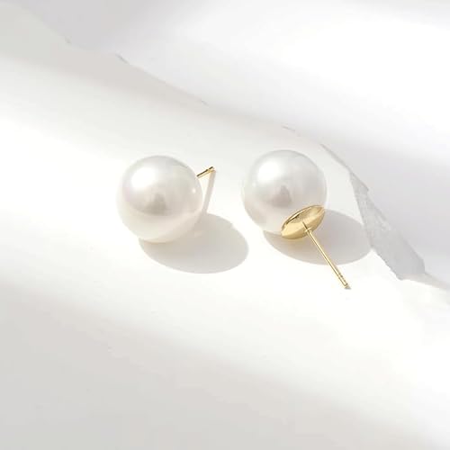 Oversized Faux Pearl Stud Earrings for Women, 14K Gold Plated Sterling Silver Hypoallergenic Large Classic Lightweight Pearl Earrings - size: White-14mm