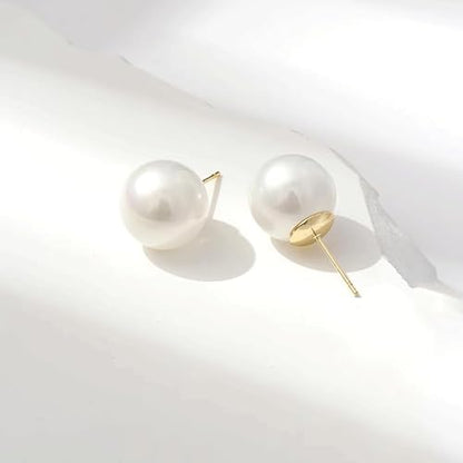 Oversized Faux Pearl Stud Earrings for Women, 14K Gold Plated Sterling Silver Hypoallergenic Large Classic Lightweight Pearl Earrings - size: White-14mm