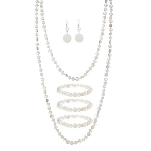 Trendy Infinity Wrap 60’’ Long Statement Necklace, Earrings and Bracelet Set - Hand Knotted Versatile Crystal and Shell Beads Strand Necklace and Chunky Beaded Stretch Bracelet Stack – Jewelry Set Gift for Women - color: White
