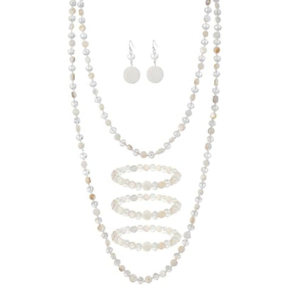 Trendy Infinity Wrap 60’’ Long Statement Necklace, Earrings and Bracelet Set - Hand Knotted Versatile Crystal and Shell Beads Strand Necklace and Chunky Beaded Stretch Bracelet Stack – Jewelry Set Gift for Women - color: White
