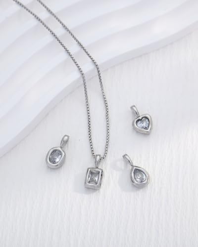 Interchangeable Removable CZ Charms Necklace, Gold Silver Stainless Steel Adjustable Box and Rice Bead Chain Minimalist Custom DIY Pendant Jewelry Gifts - color: Silver-A