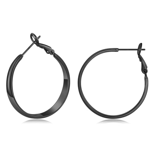 Gacimy 5mm Wide Gold Hoop Earrings for Women, 14K Gold Plated Hoops with 925 Sterling Silver Post, Hypoallergenic Earrings for Women - color: Black, size: 30mm