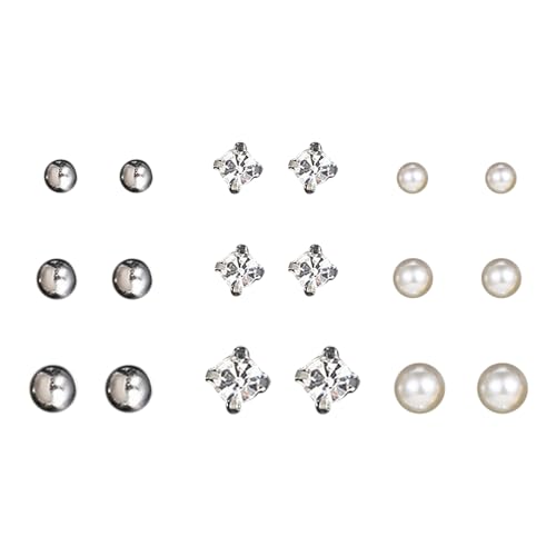 CZ Stud Pearl Earrings for Women Girls Hypoallergenic Earring Set Ear Studs Jewelry for Birthday Christmas Party Gifts Silver 9 Pairs - color: Silver