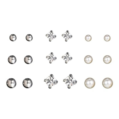 CZ Stud Pearl Earrings for Women Girls Hypoallergenic Earring Set Ear Studs Jewelry for Birthday Christmas Party Gifts Silver 9 Pairs - color: Silver