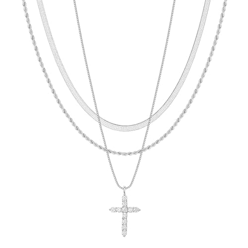 Poxtex Cross Necklace for Women Teen Girls, Dainty 14K Gold Silver Plated Cross Choker Jewelry Non Tarnish Waterproof Cute Simple Small Necklace Christian Baptism Religious Faith Jewelry Gifts - color: 09 Layered cross necklace-silver
