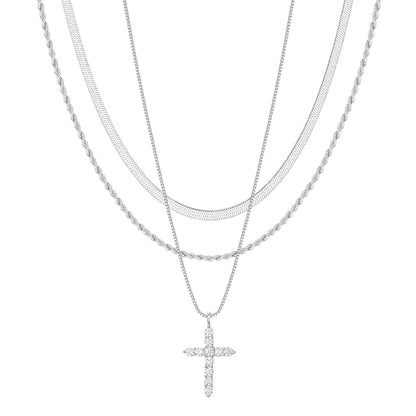 Poxtex Cross Necklace for Women Teen Girls, Dainty 14K Gold Silver Plated Cross Choker Jewelry Non Tarnish Waterproof Cute Simple Small Necklace Christian Baptism Religious Faith Jewelry Gifts - color: 09 Layered cross necklace-silver