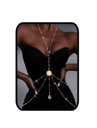 Gold Body Chain for Women Layered Rhinestone Waist Chains Summer Beaded Bra Body Jewelry Gifts - color: Blue