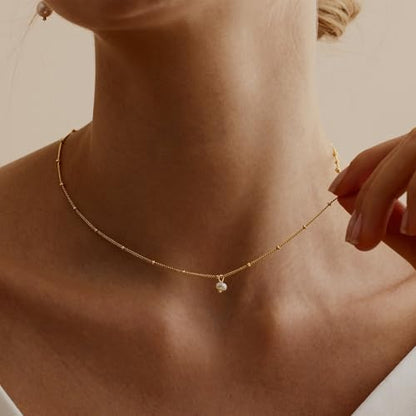 Pearl Necklaces for Women, Dainty Gold Necklace 14K Gold Plated Charm CZ Pearl Pendant Necklace Simple Gold Pearl Choker Necklaces for Women Trendy Wedding Womens Jewelry - color: satellite pearl necklace-gold