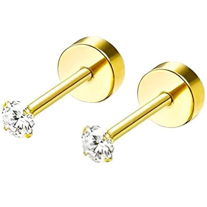 Stainless Steel Stud Earring 1 Pair Gold Flatback Earrings Hypoallergenic Screwback Jewellery Flat Back Helix Jewelry for Sensitive Ears Women Ladies Aretes De Mujer - style: Zircon 2 mm