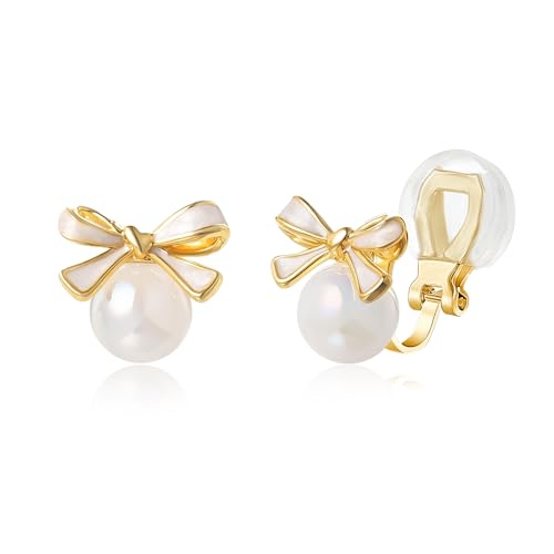 YOQUCOL Golden Bow Clip On Stub,Danle Drop Earrings for Women Simulated Pearl Christmas Xmas Bowknot Non Pierced Earrings - color: Stud Clip-02-White