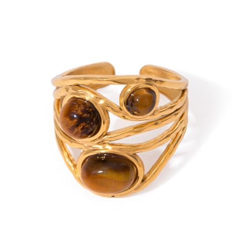 Western Captivating Tiger's Eye Stone Ring,Solitaire 8 * 10mm Oval Cut Gemstone 18K Gold Plated Stack 13mm Wide Ribbed Texture Band Statement Ring for Women - style: Tiger's Eye E