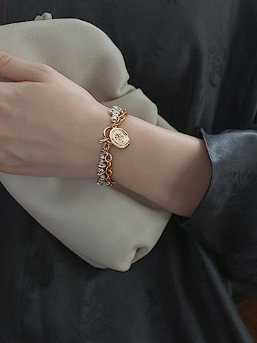 PEARLADA 18k Gold Plated Chain Layerd Bracelet Coin Charm Toggle Bracelet Trendy Cubic Zirconia Jewelry - color: 3. Silver+gold plated