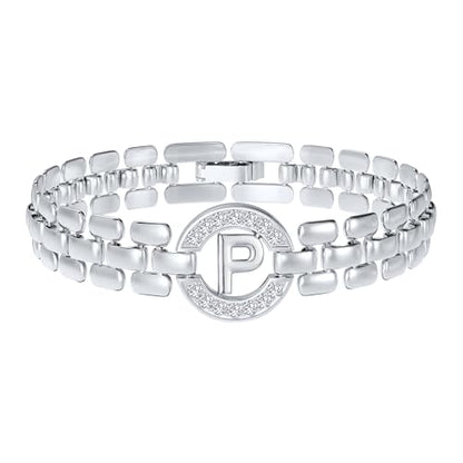 WEDDINEN Initial Bracelets for Women, 14K Gold Plated Letter A-Z Bracelets with Diamonds,Thick Chain Bracelet for Women trendy Jewelry Gifts - color: Silver-P