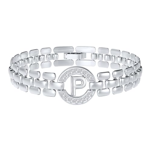 WEDDINEN Initial Bracelets for Women, 14K Gold Plated Letter A-Z Bracelets with Diamonds,Thick Chain Bracelet for Women trendy Jewelry Gifts - color: Silver-P
