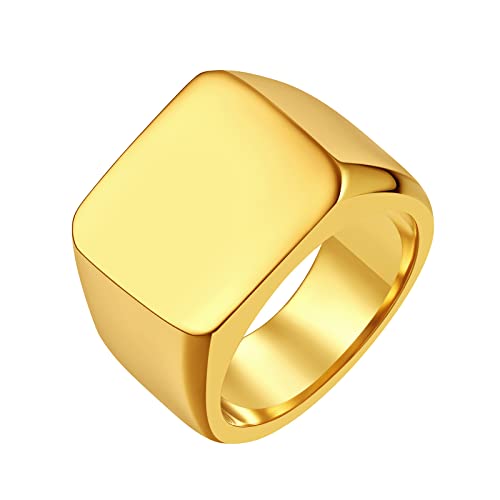 FindChic Customized Signet Photo Rings Square/Heart/Round Chunky Band Ring Stainless Steel/18K Gold Plated/Black Size 7 to 14 Personalized Jewelry for Men Women, Send Gift Box - color: 01. non-customized square (gold)
