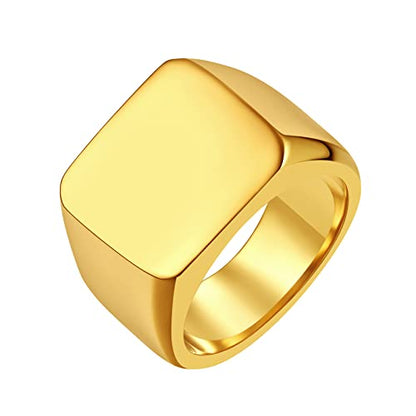 FindChic Customized Signet Photo Rings Square/Heart/Round Chunky Band Ring Stainless Steel/18K Gold Plated/Black Size 7 to 14 Personalized Jewelry for Men Women, Send Gift Box - color: 01. non-customized square (gold)