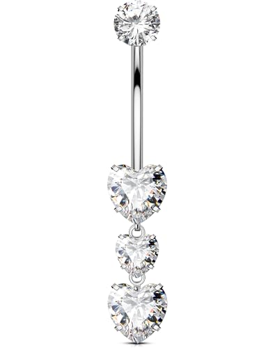 OUFER Titanium Belly Button Rings, Heart Belly Rings Dangling, Internally Threaded Belly Button Piercings, Long Dangle Navel Piercing Jewelry, Belly Rings for Women