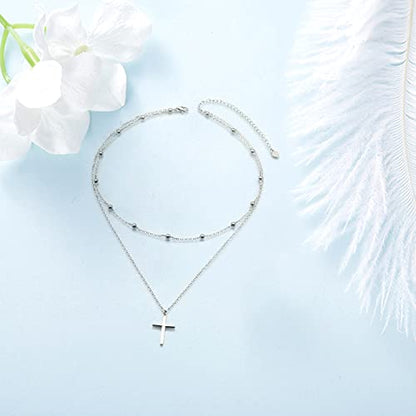 Yearace Choker Necklaces for Women S925 Sterling Silver Sideways Cross/Butterfly/Handcuffs/Infinity Interlocking/Chakra Choker Necklace Dainty Sideways Cross Necklace Jewelry Gift - style: Layered Cross 15.5+13+3''