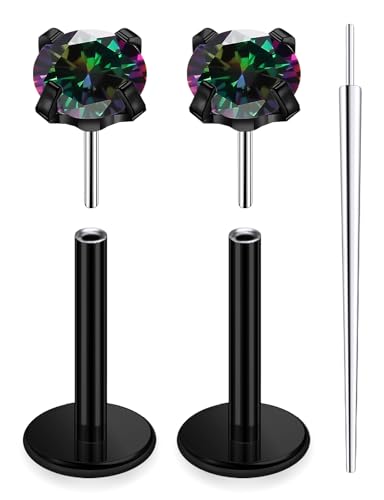20G 18G 16G Threadless Nose Rings Studs Flat Back Earrings Surgical Stainless Steel CZ Nose Rings Stud Tragus Helix Conch Cartilage Earrings Stud Piercing Jewelry For Women Men Hypoallergenic - color: Black-Rainbow CZ, size: 16 Gauge-7mm Bar-3mm CZ