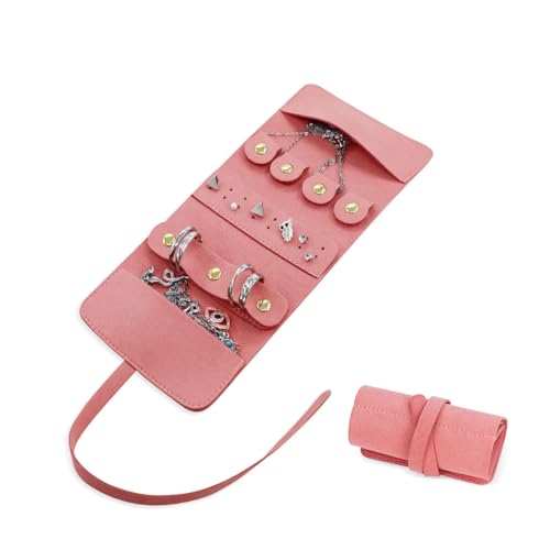 Travel Jewellery Organizer, Foldable Roll-Up Jewelry Travel Pouch, Portable Small Jewelry Travel Case for Necklaces Rings Earrings (Pink) - color: Pink