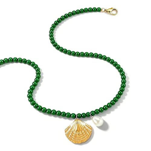Fish Shell Necklace for Women, Beaded Necklaces Boho Statement Necklace, Pearl Necklaces Summer Beach Vacation Dress & Costume Jewelry - color: Green-shell