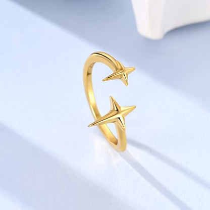 925 Sterling Silver Adjustable Rings for Women 14K Gold Plated Thumb Rings | Stackable Statement Eternity Rings Dainty Starfish Star Moon Heart Lucky Open Ring Trendy Jewelry Birthday Gifts for Ladies - color: Gold Star Charms Ring