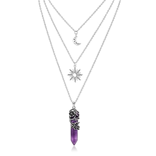 Gothic Emo Grunge Crescent Moon Layered Choker for Women | Boho Moon Sun Star Crystal Pendant Necklace, Punk Witchy Halloween Christmas Jewelry Accessories Gifts - color: Purple