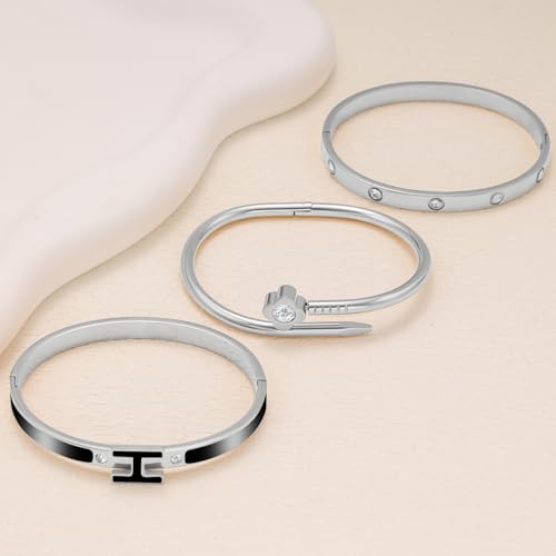 3Pcs Gold Bracelets for Women 14K Gold Plated Love/H/Nail Bangle Bracelet Dainty Non Tarnish Bracelet Jewelry Christmas Mothers Day Gifts for Women - color: 3Pcs Silver/Black H bracelet
