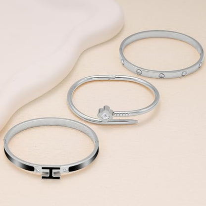 3Pcs Gold Bracelets for Women 14K Gold Plated Love/H/Nail Bangle Bracelet Dainty Non Tarnish Bracelet Jewelry Christmas Mothers Day Gifts for Women - color: 3Pcs Silver/Black H bracelet