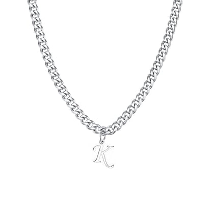 Stainless Steel Initial A-Z Necklace for Men Women,Cuban Chain,Titanium Steel Initial Letter Pendant Charm Necklaces Accessories Jewelry for Woman Man,21 Inch Chain - color: K