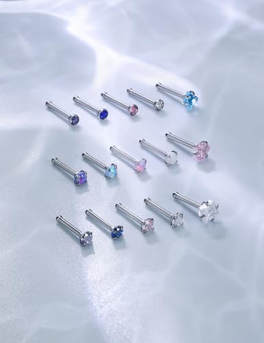 15 Pcs 18G 20G Surgical Steel Nose Rings Studs for Women Opal Nose Rings Diamond CZ Nose Studs L Shaped Nose Nostril Piercing Jewelry Hypoallergenic - style: 18G,Straight